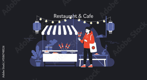 Charming Food Stall With Delicious Skewers And A Happy Customer Illustration