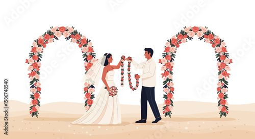 Elegant Floral Wedding Ceremony With Exchanging Garlands In Front Of The Arch
