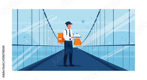 Elegant Food Delivery Across A Modern Bridge With The Waiter In Professional Uniform