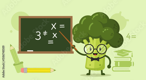 Funny Broccoli Professor Teaching Math On Blackboard Education And Healthy Eating