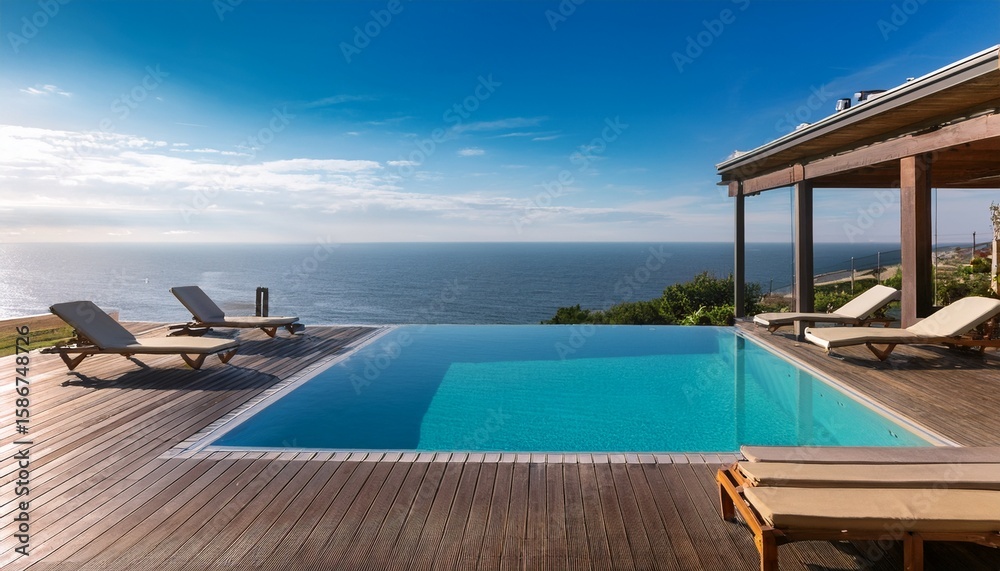 Fototapeta premium infinity pool overlooks the ocean with sun loungers on the deck on a sunny day