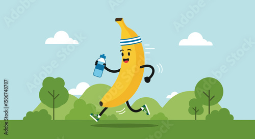 Cheerful Banana Athlete Running Outdoors For Fitness And Hydration Concept