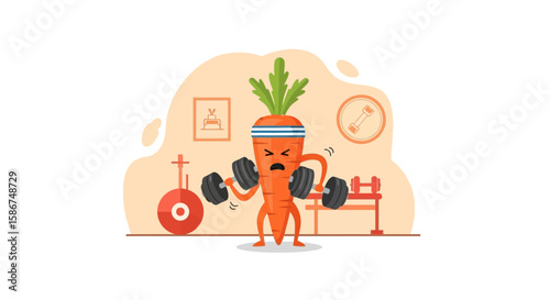Funny Carrot Character Lifting Weights In Gym For Health And Fitness Concept