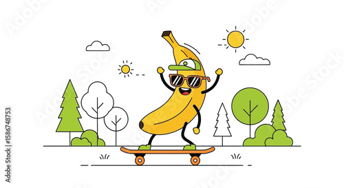 Cheerful Banana Character Having Fun Skateboarding Outdoors on Sunny Day