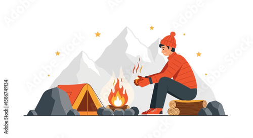 Cozy Camping Scene Man Enjoying Warmth At Night Surrounded By Mountain Scenery