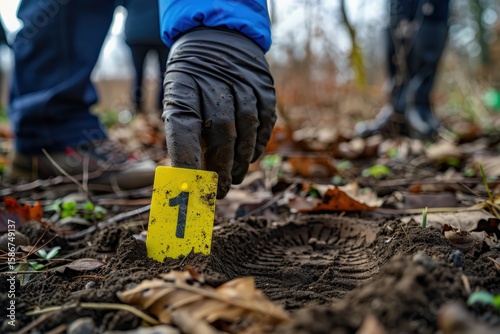 A forensic expert in a blue glove places a yellow evidence marker labeled 