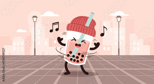 Cheerful Boba Tea Character Dancing and Spreading Joy in the City