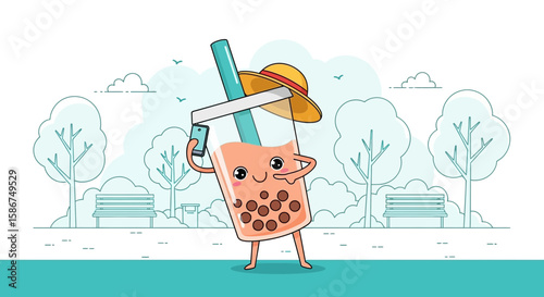 Cheerful Boba Tea Character Enjoying Sunny Day Taking Selfie In The Park