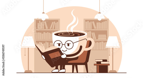 Cozy Coffee Cup Character Reading Book in Library Vector Illustration