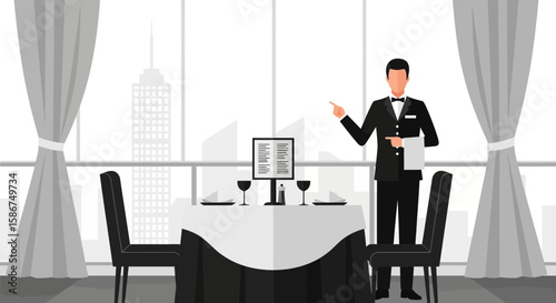 Elegant Restaurant Setting With Waiter Suggesting Dishes From Menu For Customer