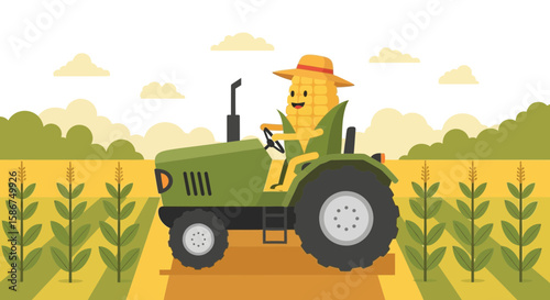 Funny Corn Character Driving Tractor On A Farm Harvesting Cartoon Vector