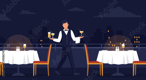 Elegant Rooftop Dining Experience With Waiter And City Skyline At Night