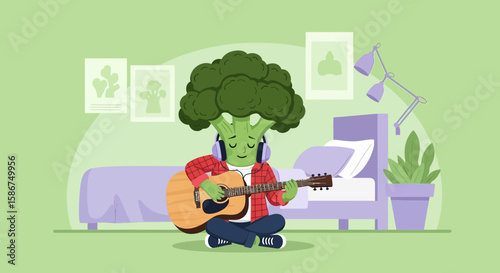 Cheerful Broccoli Character Playing Guitar In Bedroom With Headphones Relaxing