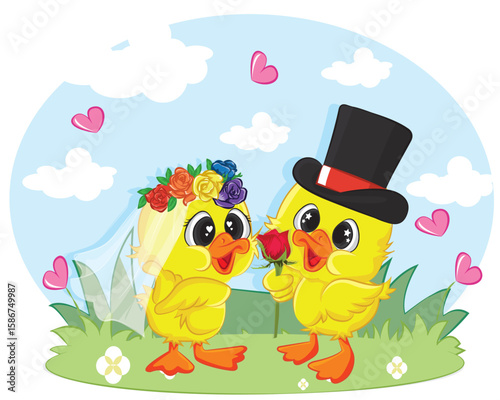 Duck marriage between two whole dressed ducks. Graphic element for valentine card.
