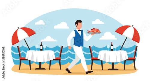 Elegant Seaside Dining Waiter Serving Fresh Fish With Ocean View Tables
