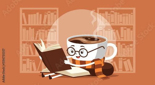 Cozy Cup Reading A Book With Glasses And Scarf On Bookshelf Background