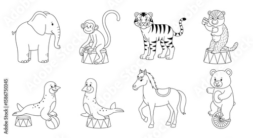 Collection of circus animals performing tricks in a line art illustration style drawing for kids activity