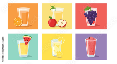Six illustrations of various fruit drinks in glasses with fruit slices and whole fruits near them