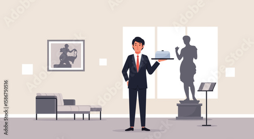 Elegant Service Illustration Serving Cake In A Refined Museum Setting