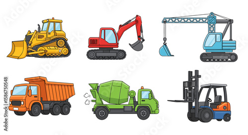 Cartoon illustration showcasing various construction vehicles including bulldozer and crane types of machinery