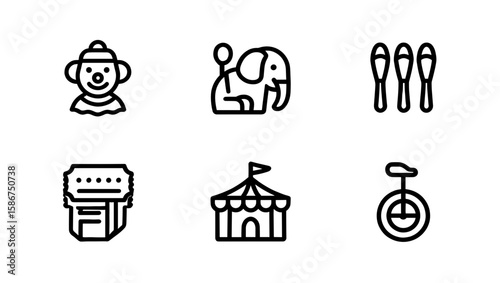 Collection of circus themed icons featuring a clown elephant juggling pins and a circus tent design
