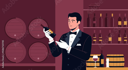 Elegant Sommelier Presents Fine Vintage In Exquisite Wine Cellar Setting