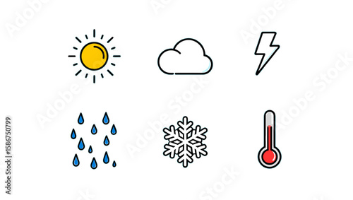 Illustrative icons representing weather conditions including sunshine, cloud, lightning, rain, snow, and temperature