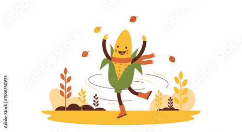 Cheerful Corn Character Enjoys The Autumn Season With Falling Leaves Illustration