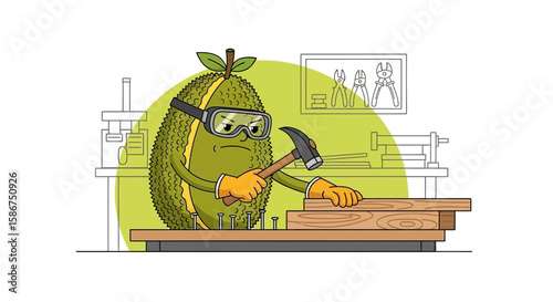 Funny Durian Fruit Cartoon Character Carpentry Working Wood With Hammer