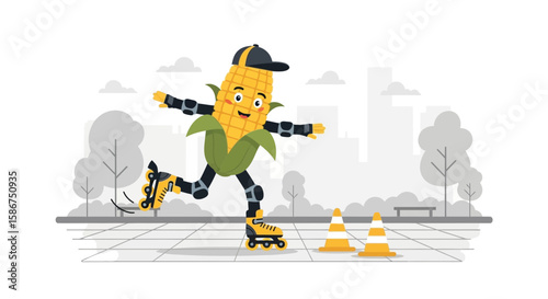Cheerful Corn Character In-Line Skating Through Urban Park Landscape Illustration