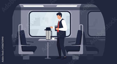 Elegant Train Travel Man Serving Coffee on High Speed Commute Journey