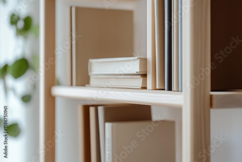 Modern minimalist library shelf with neutral-toned books for stylish and contemporary home or office decor