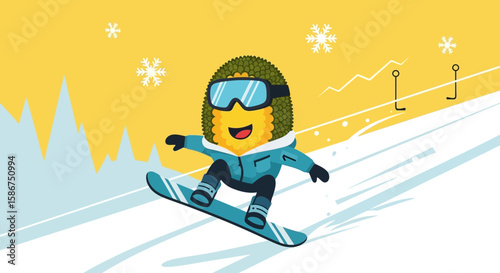 Funny Durian Having Winter Fun Snowboarding Downhill Amidst Falling Snowflakes