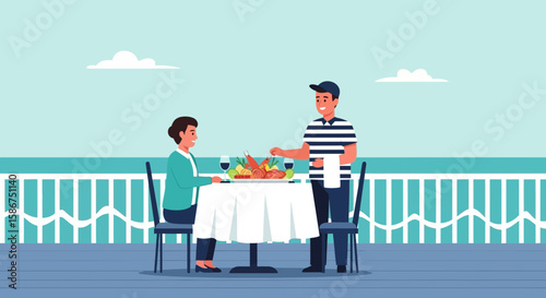 Elegant Waterfront Dining Experience With Seafood Platter And Attentive Waiter