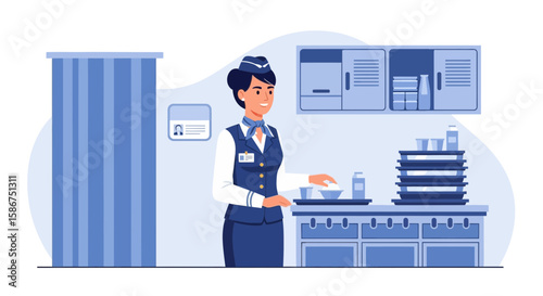 Cheerful Flight Attendant Prepares Inflight Meal Service In Galley