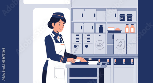 Cheerful Flight Attendant Preparing Inflight Meal Service For Passengers In Airplane