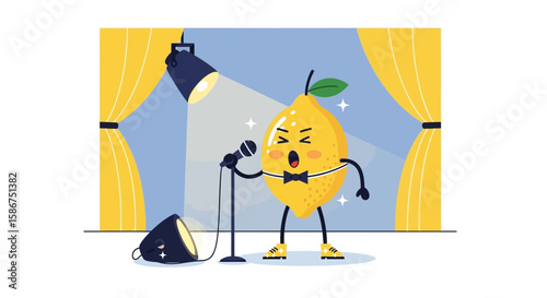 Funny Lemon Character Singing on Stage with Spotlight and Yellow Curtains