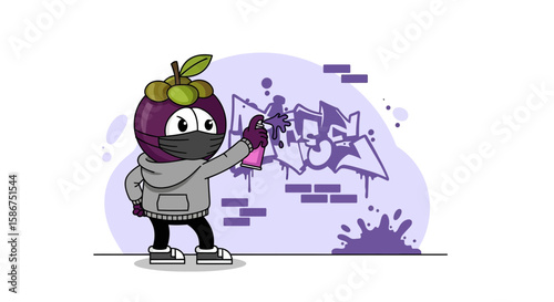 Funny Mangosteen Character Doing Graffiti On The Wall Wearing Mask And Hoodie