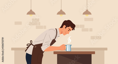 Barista Enjoying Aromatic Coffee Fragrance In Cafe Serene And Peaceful Ambiance