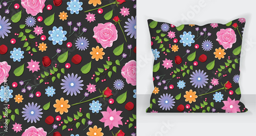 Hand drawing floral seamless pattern with pillow mock up