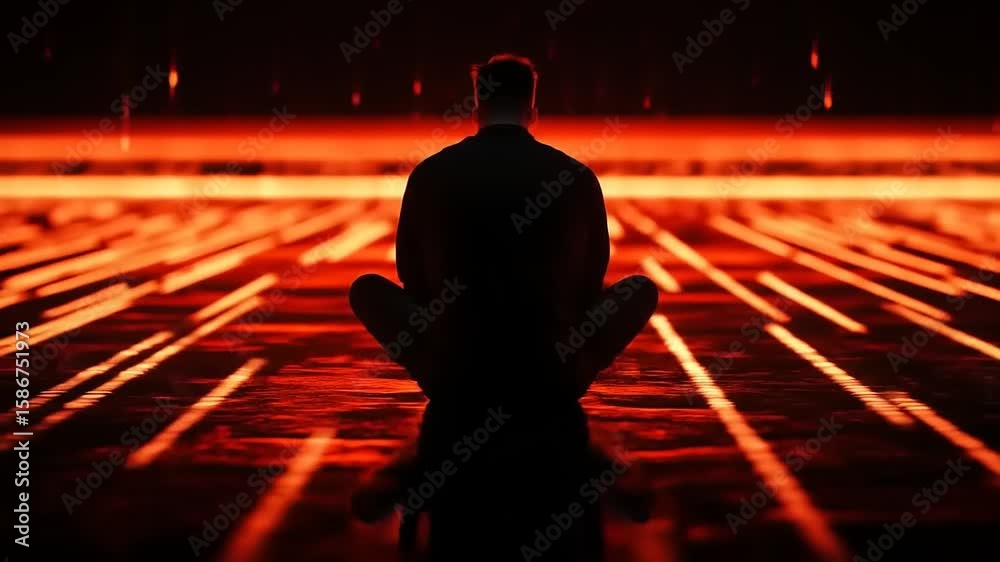 Meditative Silhouette: Inner Reflection amidst Futuristic Red Light Streams