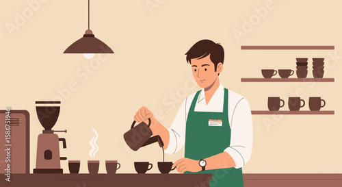 Barista Pouring Coffee With Grinder And Mugs In Professional Coffee Shop