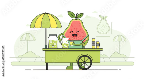 Cheerful Guava Vendor Selling Refreshing Lemonade At His Mobile Food Cart