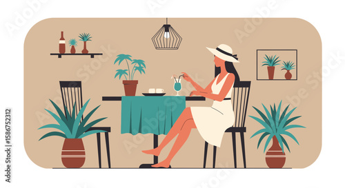 Elegant Woman Relaxing At Home With A Refreshing Drink And Cozy Interior