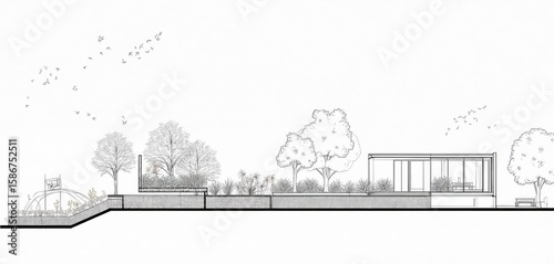 Minimalist architectural line drawing modern house with large windows, surrounding landscape. Includes trees, garden elements, flock of birds in sky, perfect for design, architecture concepts.