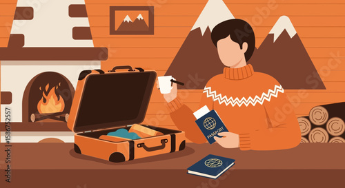 Cozy Winter Getaway Preparation With Passport and Fireplace Scene Illustration