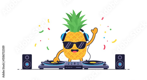 Funny Pineapple Dj Cartoon Character Mixing Music At Party Minimalistic Style