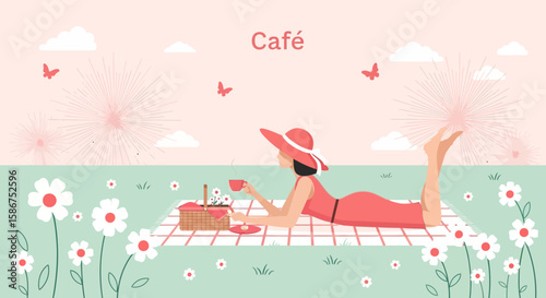 Elegant Woman Relaxing With Coffee In Nature Scene Illustration With Pink Tones