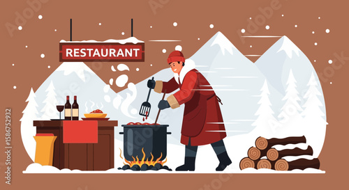 Cozy Winter Restaurant Scene with Outdoor Cooking Amidst Snowy Mountain Views