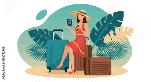 Elegantly Dressed Woman Ready For Vacation Sitting On Her Travel Luggage